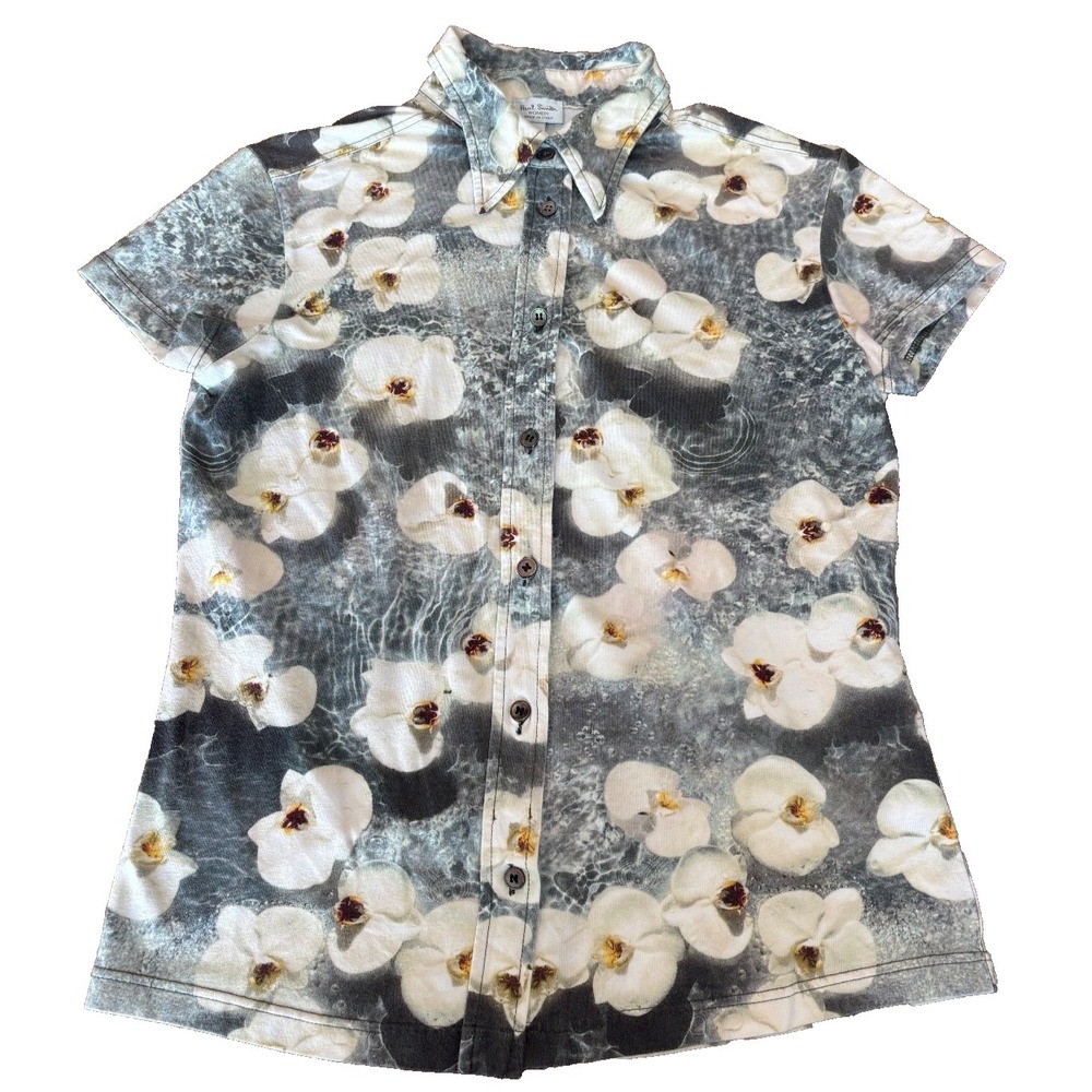 Paul Smith jersey floral white orchids button down blouse womens sz S made Italy